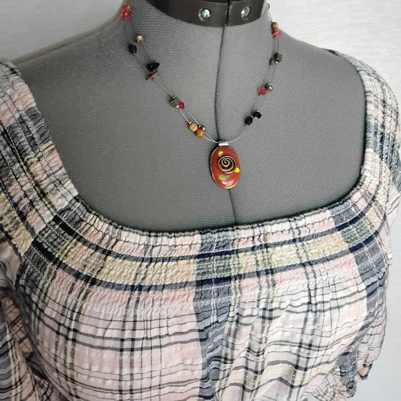 Arizona Jean Company Size L Blouse Blue Pink White Puff Sleeves - Picture 5 of 9